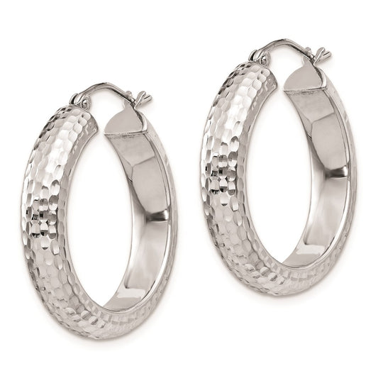 QE8358 Sterling Silver Rhodium-plated Diamond-cut 5x25mm Hoop Earrings