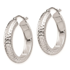 QE8358 Sterling Silver Rhodium-plated Diamond-cut 5x25mm Hoop Earrings