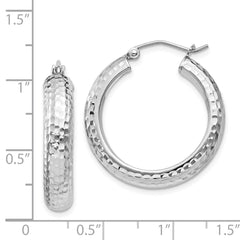 QE8358 Sterling Silver Rhodium-plated Diamond-cut 5x25mm Hoop Earrings