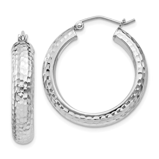 QE8358 Sterling Silver Rhodium-plated Diamond-cut 5x25mm Hoop Earrings