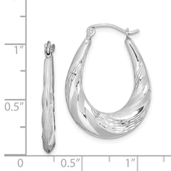 QE8362 Sterling Silver Rhodium-plated D/C Scalloped Oval Hoop Earrings