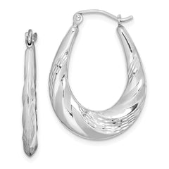 QE8362 Sterling Silver Rhodium-plated D/C Scalloped Oval Hoop Earrings