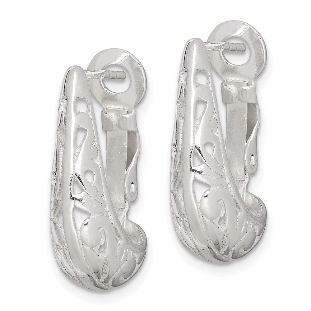 QE8369 Sterling Silver Polished & Filigree Omega Back J-Hoop Earrings
