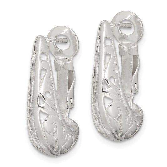 QE8369 Sterling Silver Polished & Filigree Omega Back J-Hoop Earrings