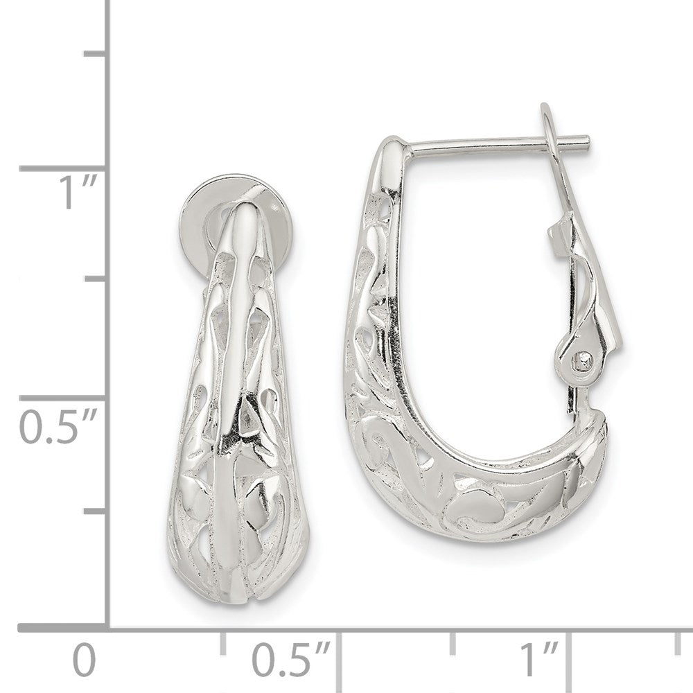 QE8369 Sterling Silver Polished & Filigree Omega Back J-Hoop Earrings