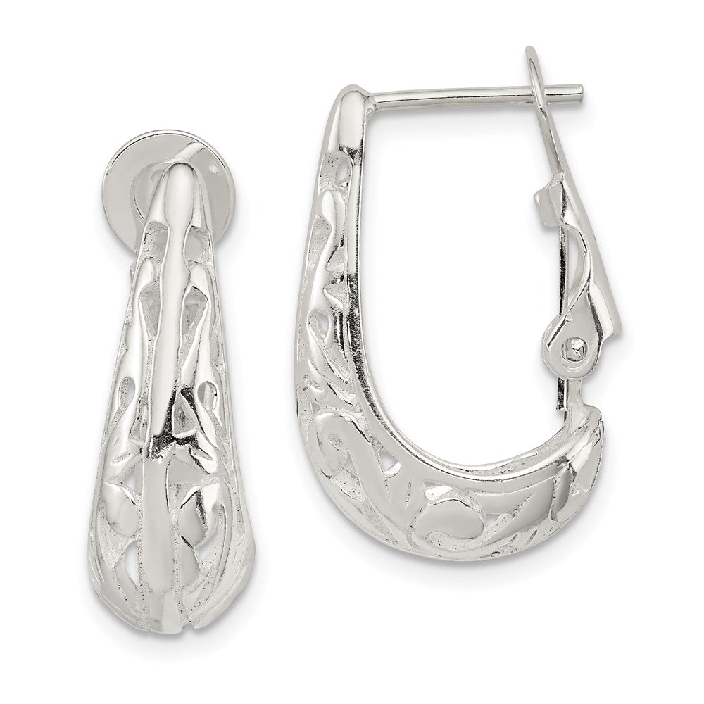 QE8369 Sterling Silver Polished & Filigree Omega Back J-Hoop Earrings