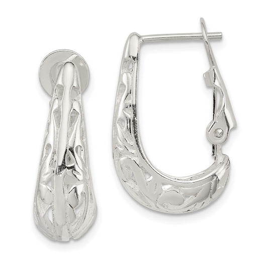 QE8369 Sterling Silver Polished & Filigree Omega Back J-Hoop Earrings