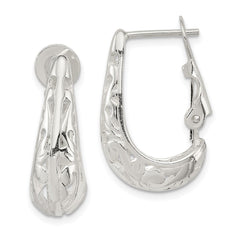 QE8369 Sterling Silver Polished & Filigree Omega Back J-Hoop Earrings