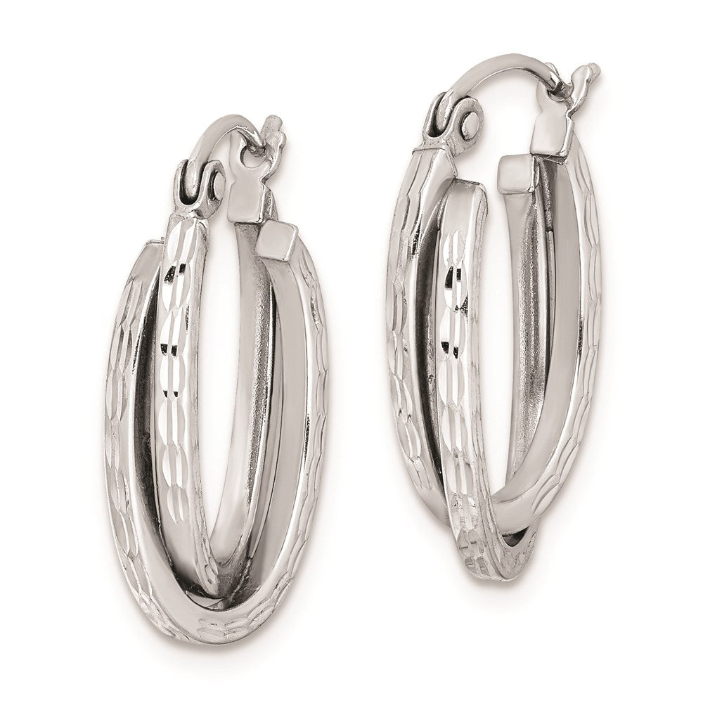 QE8370 Sterling Silver Rhodium Plated Textured Double Oval Hoop Earrings