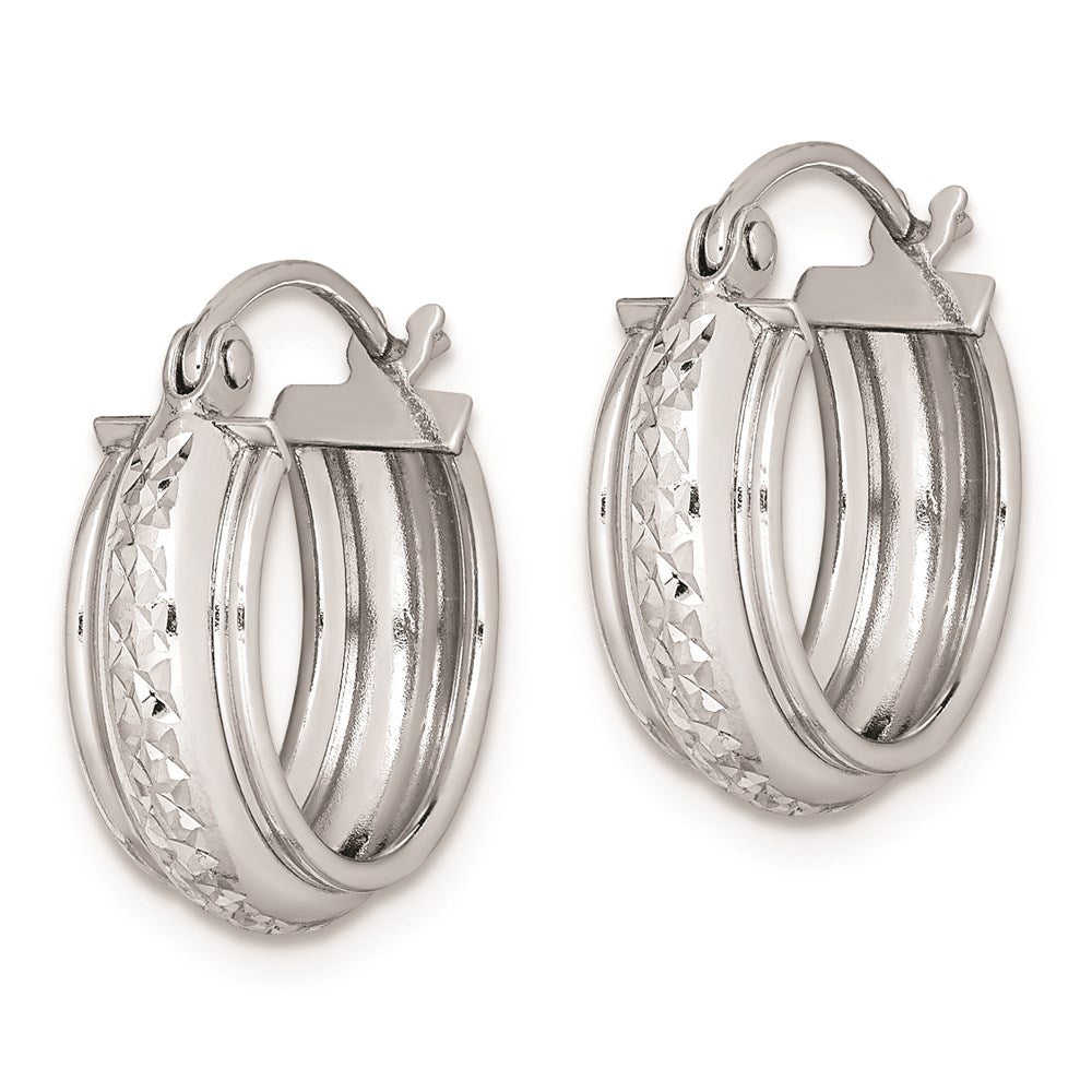 QE8392 Sterling Silver Rhodium-plated Diamond-cut 5mm Round Hoop Earrings