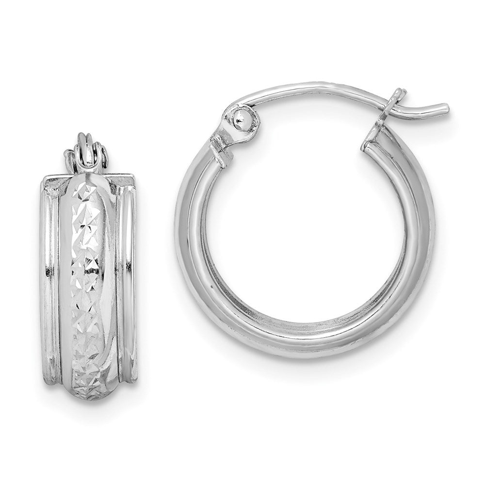 QE8392 Sterling Silver Rhodium-plated Diamond-cut 5mm Round Hoop Earrings
