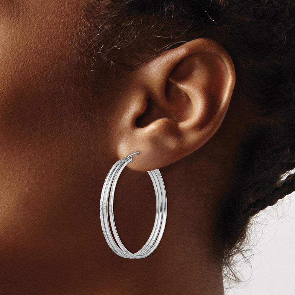 QE8404 Sterling Silver Rhodium Plated Textured Fancy Hoop Earrings