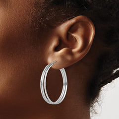 QE8404 Sterling Silver Rhodium Plated Textured Fancy Hoop Earrings