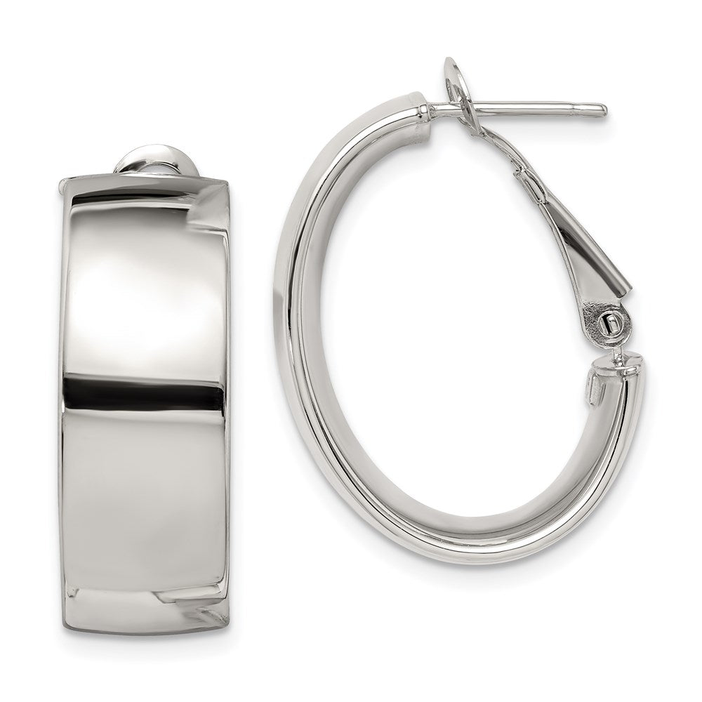 QE8419 Sterling Silver Rhod-pltd Polish 10mm Omega Back Oval Hoop Earrings