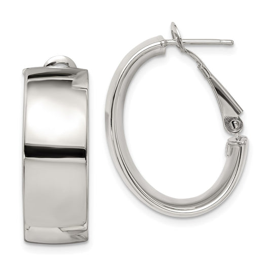 QE8419 Sterling Silver Rhod-pltd Polish 10mm Omega Back Oval Hoop Earrings