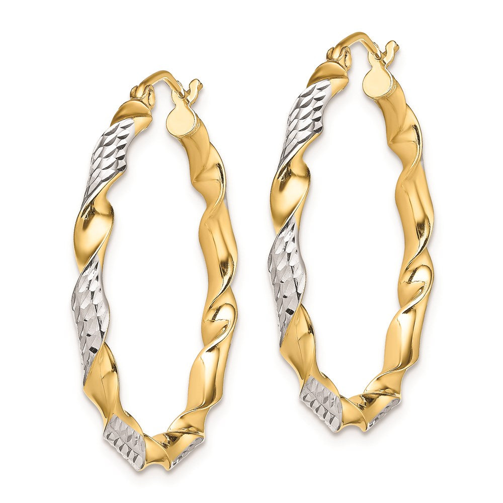 QE8446 Sterling Silver RH-plated Vermeil Diamond-cut 3x30mm Twisted Hoop Earrings