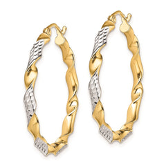 QE8446 Sterling Silver RH-plated Vermeil Diamond-cut 3x30mm Twisted Hoop Earrings