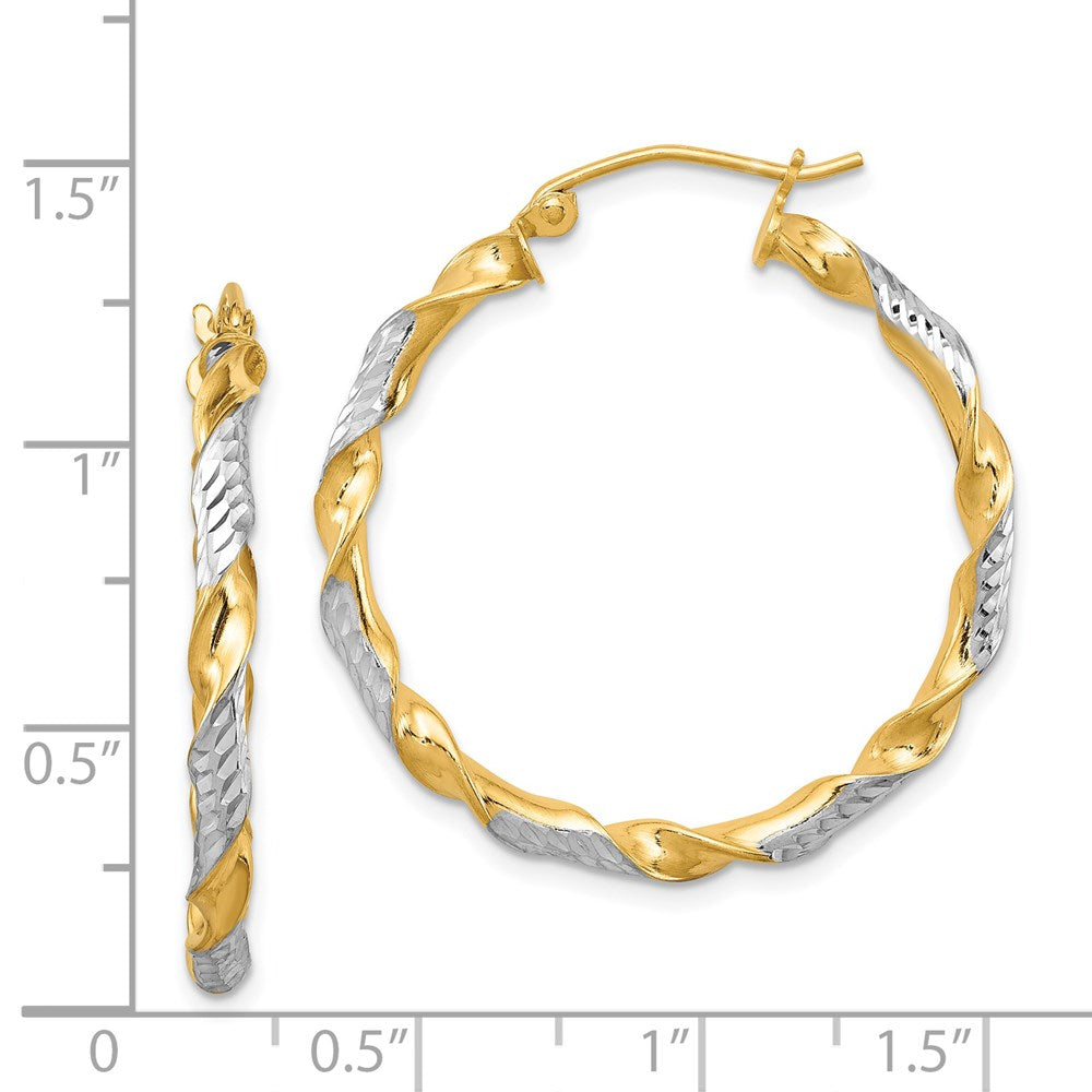 QE8446 Sterling Silver RH-plated Vermeil Diamond-cut 3x30mm Twisted Hoop Earrings
