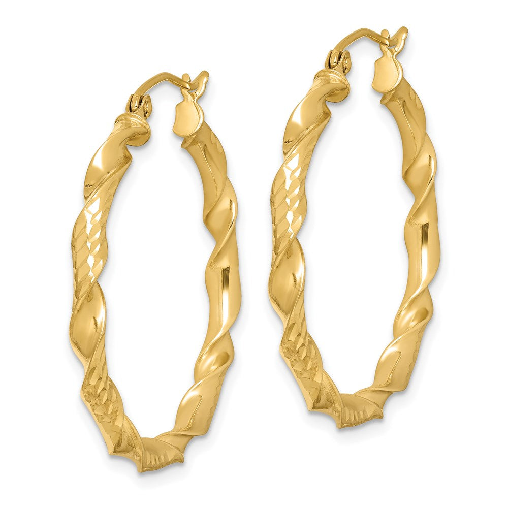 QE8454 Sterling Silver Gold-plated 3x30mm Diamond-cut Twisted Hoop Earrings