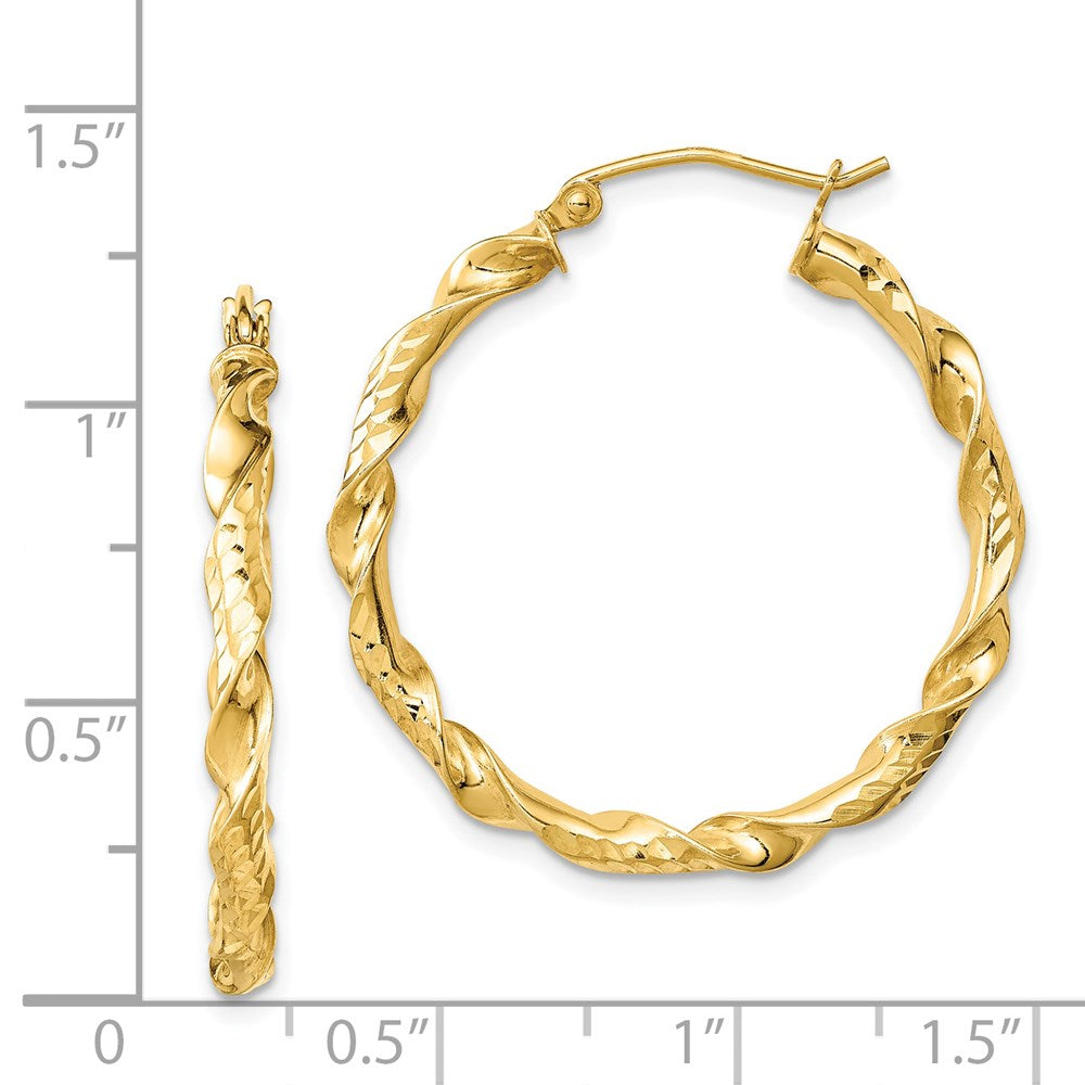 QE8454 Sterling Silver Gold-plated 3x30mm Diamond-cut Twisted Hoop Earrings