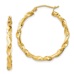 QE8454 Sterling Silver Gold-plated 3x30mm Diamond-cut Twisted Hoop Earrings