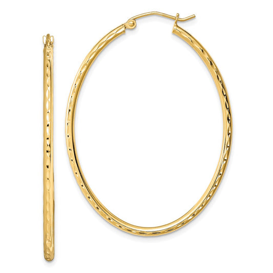 QE8461 Sterling Silver Gold-plated Textured 2mm Hollow Oval Hoop Earrings