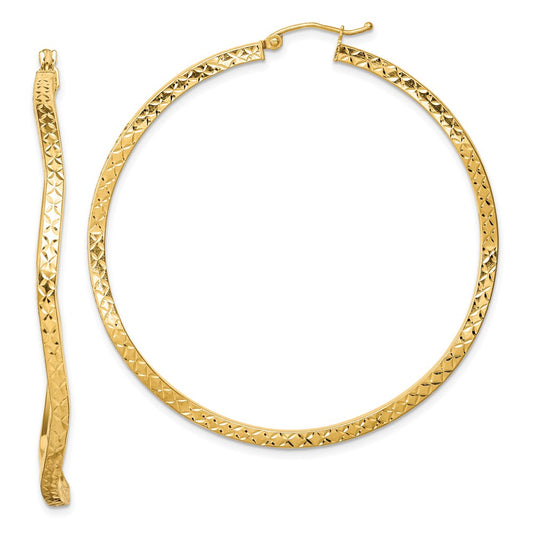 QE8465 Sterling Silver Gold-plated Diamond Cut 2mm Wavy Hoop Earrings