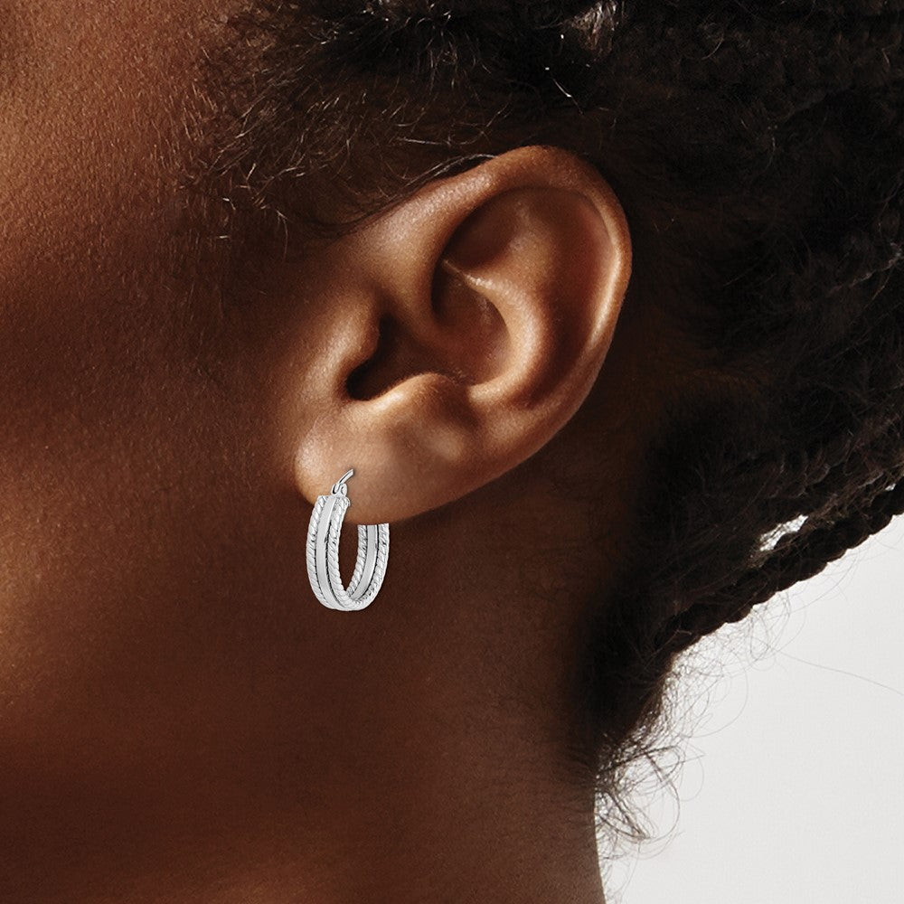 QE8471 Sterling Silver Rhodium Plated 5mm Textured Hoop Earrings