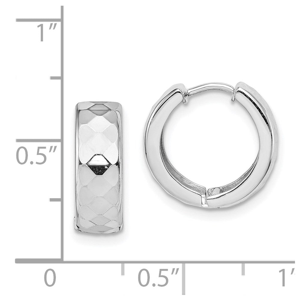 QE8509 Sterling Silver Rhodium Polished Patterned Hinged Hoop Earrings