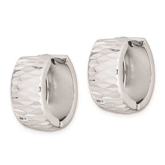 QE8513 Sterling Silver Rhodium Polished Diamond Cut Hinged Hoop Earrings