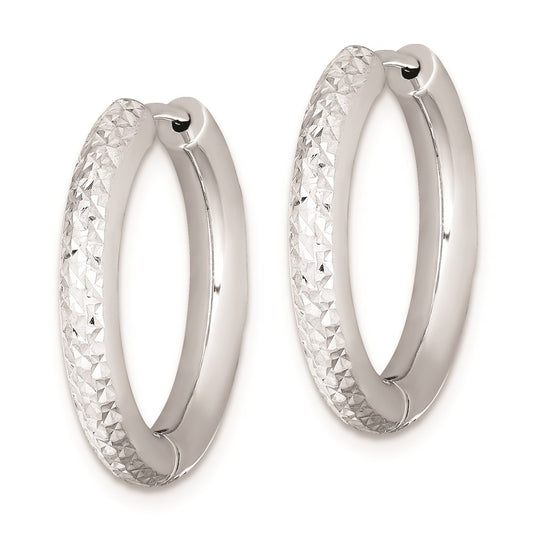 QE8516 Sterling Silver Rhodium Polished Diamond Cut Hinged Hoop Earrings