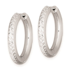 QE8516 Sterling Silver Rhodium Polished Diamond Cut Hinged Hoop Earrings