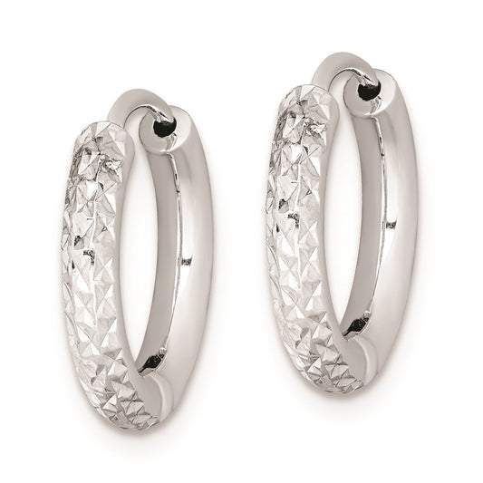 QE8518 Sterling Silver Rhodium Polished Diamond Cut Hinged Hoop Earrings