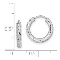 QE8518 Sterling Silver Rhodium Polished Diamond Cut Hinged Hoop Earrings