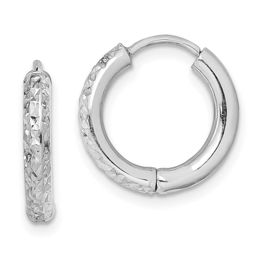 QE8518 Sterling Silver Rhodium Polished Diamond Cut Hinged Hoop Earrings