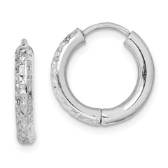 QE8518 Sterling Silver Rhodium Polished Diamond Cut Hinged Hoop Earrings