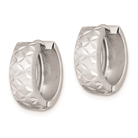QE8521 Sterling Silver Rhodium-plated Diamond Cut Hinged Hoop Earrings