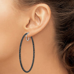 QE8568 Sterling Silver Rhodium-plated Black Glitter Enamel 2x55mm Hoop Earrings
