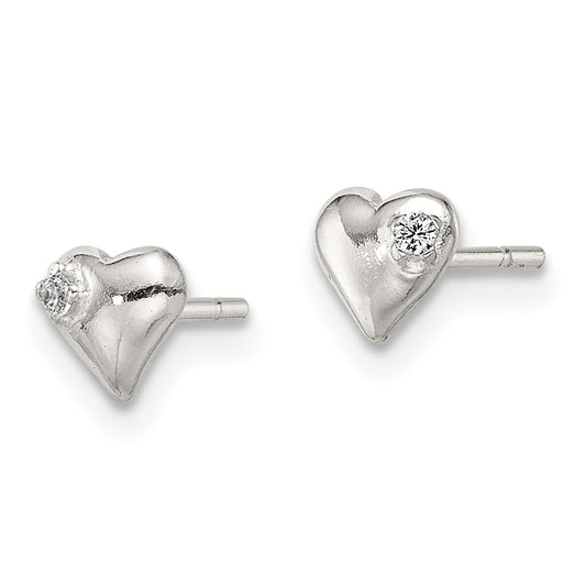 QE8621 Sterling Silver Polished Heart with CZ Post Earrings