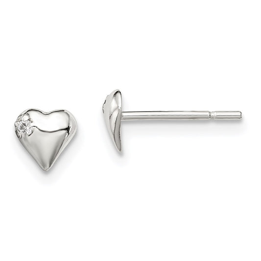 QE8621 Sterling Silver Polished Heart with CZ Post Earrings