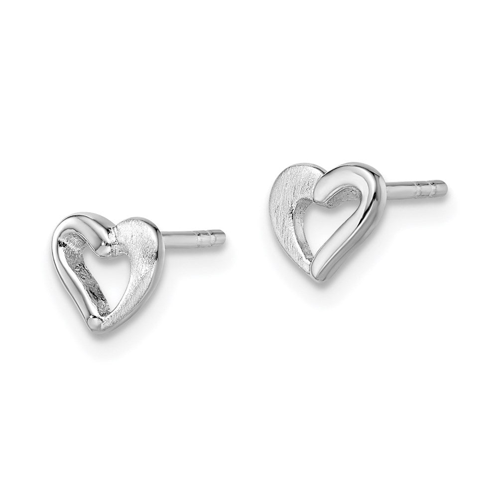 QE8626 Sterling Silver RH-plated Polished & Brushed Open Heart Children's Post Earrings