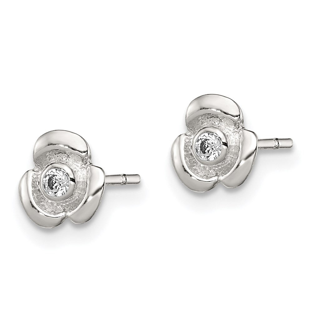 QE8629 Sterling Silver Polished Flower with CZ Children's Post Earrings