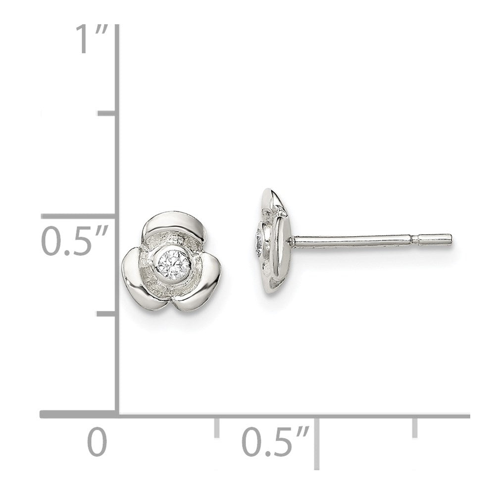 QE8629 Sterling Silver Polished Flower with CZ Children's Post Earrings
