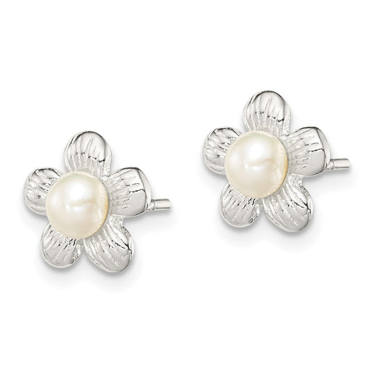 QE8631 Sterling Silver Polished & Textured Sim. Pearl Flower Post Earrings
