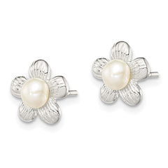 QE8631 Sterling Silver Polished & Textured Sim. Pearl Flower Post Earrings
