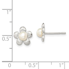 QE8631 Sterling Silver Polished & Textured Sim. Pearl Flower Post Earrings