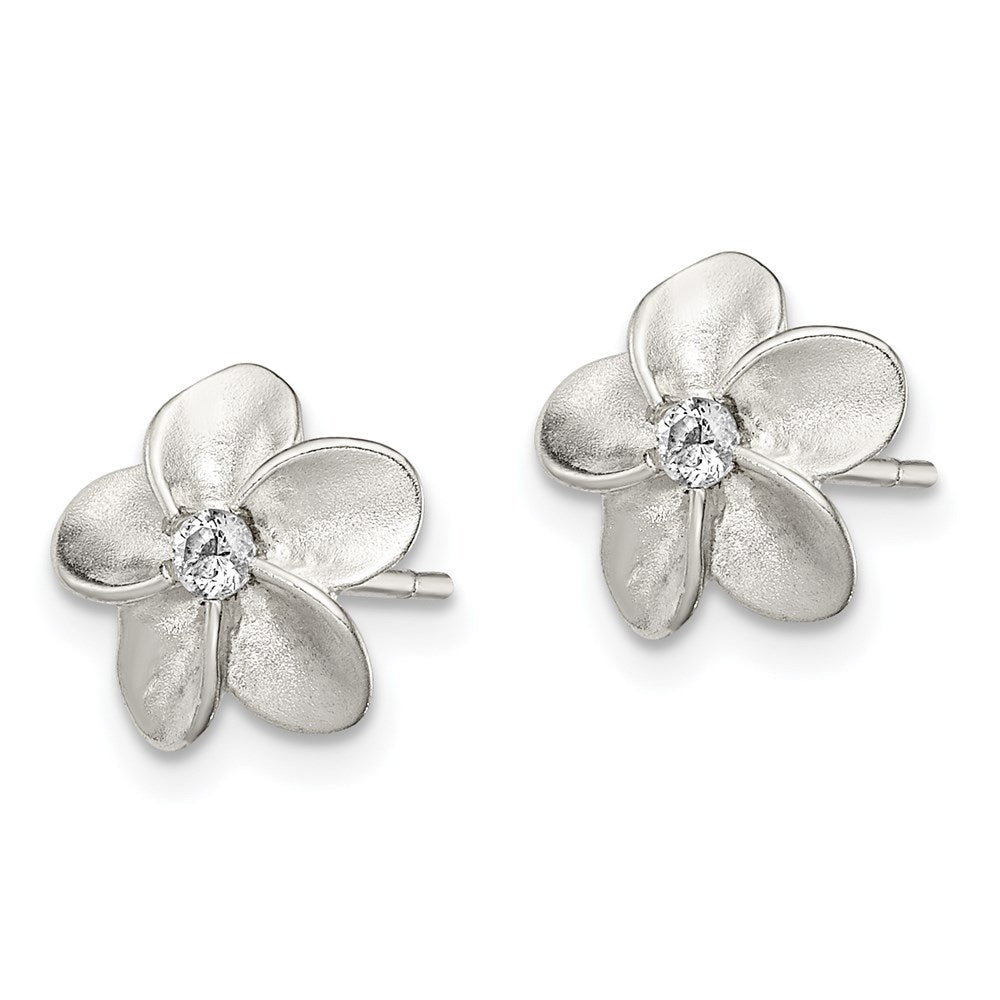 QE8633 Sterling Silver Polished & Satin CZ Flower Post Earrings