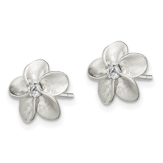 QE8633 Sterling Silver Polished & Satin CZ Flower Post Earrings