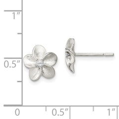 QE8633 Sterling Silver Polished & Satin CZ Flower Post Earrings