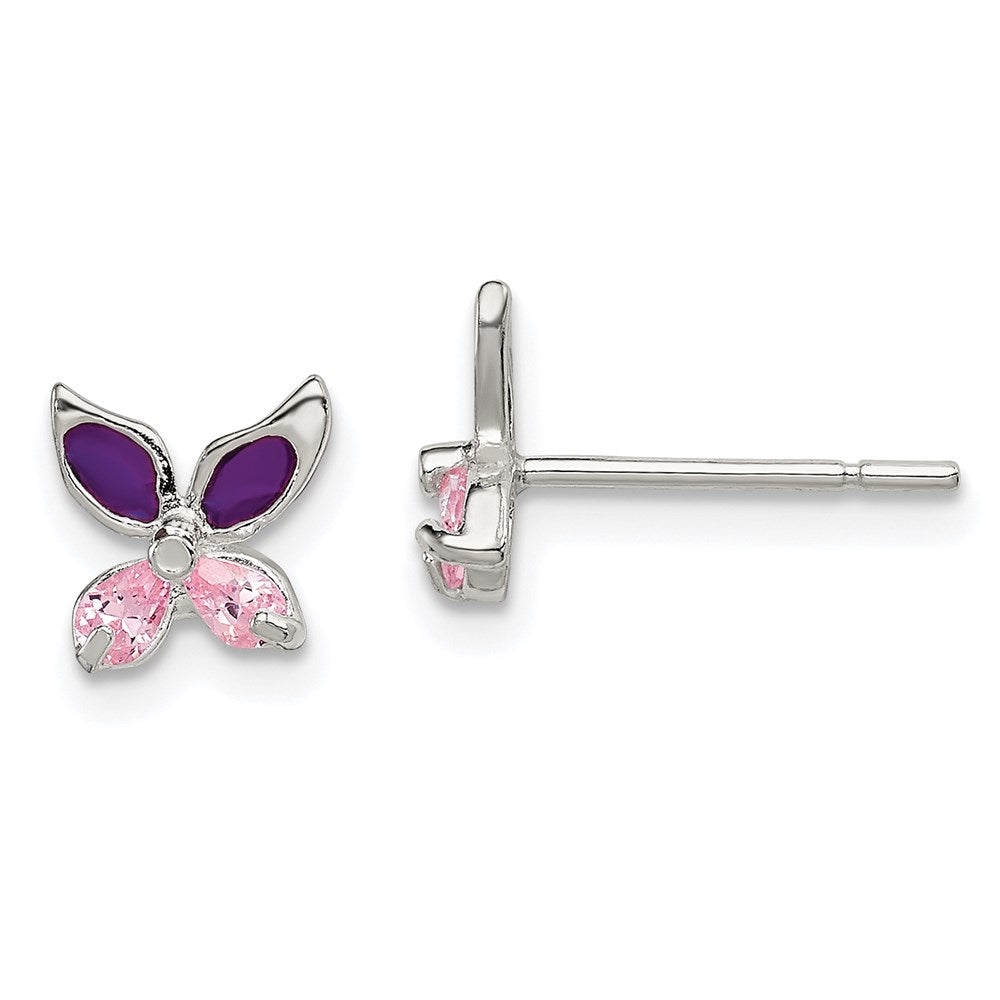 QE8639 Sterling Silver Pink CZ & Purple Enamel Butterfly Children's Post Earrings